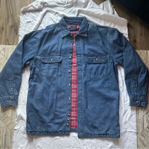 Vintage Cherokee Denim Shirt Jacket Mens ML Blue Jean with Inside Flannel Plaid